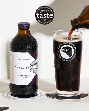 Bottle of Small Beer Dark Lager pouring